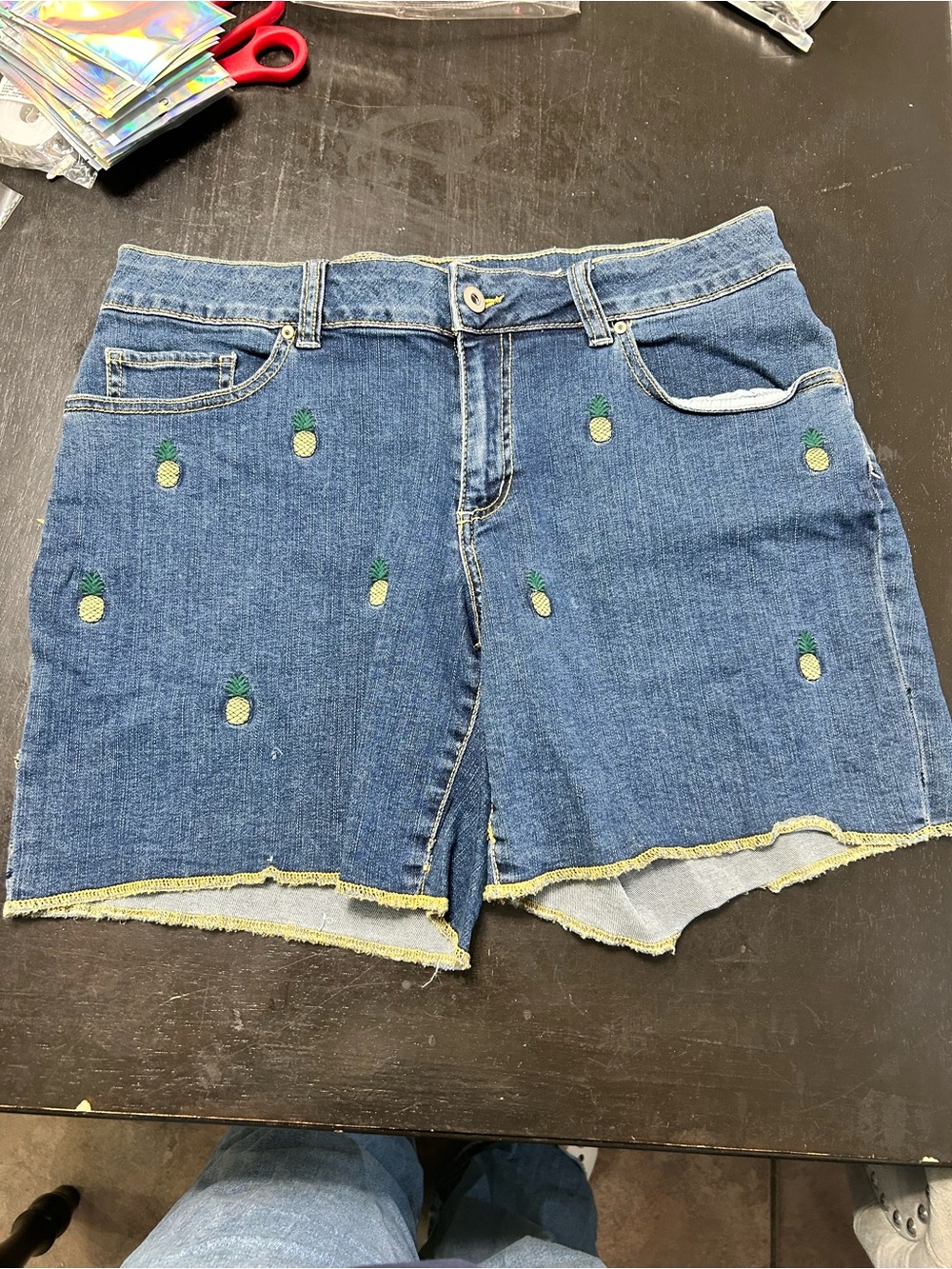 Embroidered Pineapple Denim Shorts - Blue